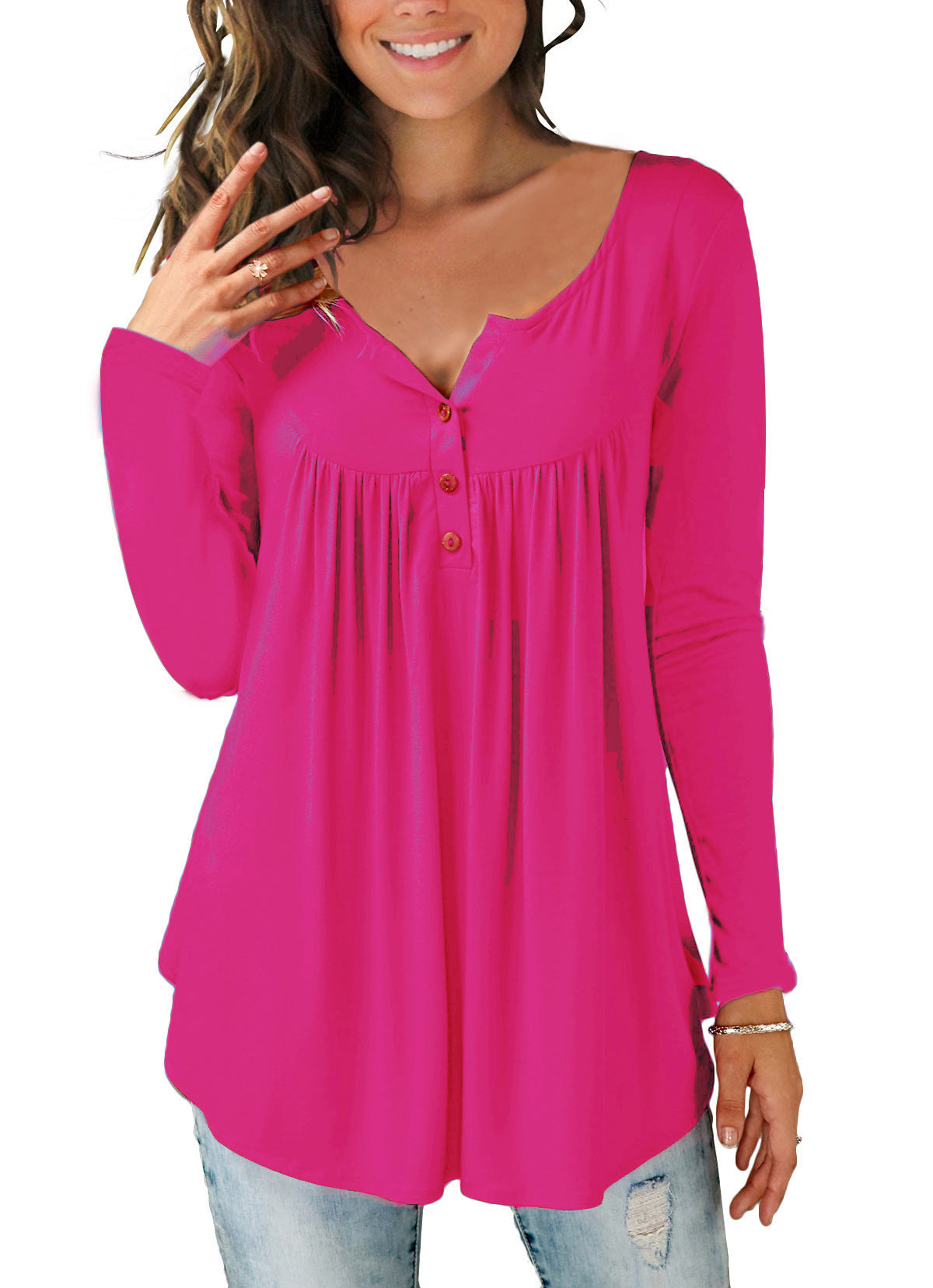 AliExpress Amazon Wish2021 New European And American V-neck Button Pleated Long-sleeved T-shirt Sleeves Loose Top Women