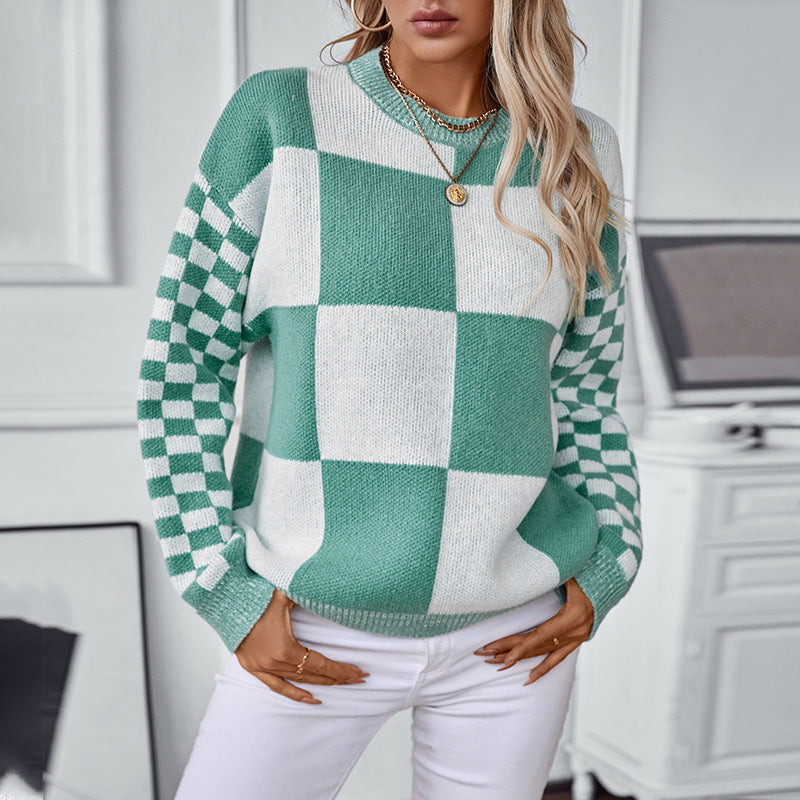 Drizzle European And American Cross-border Color Plaid Pullover Women's Knitted Sweater Autumn And Winter Fashion All-match Women's Top