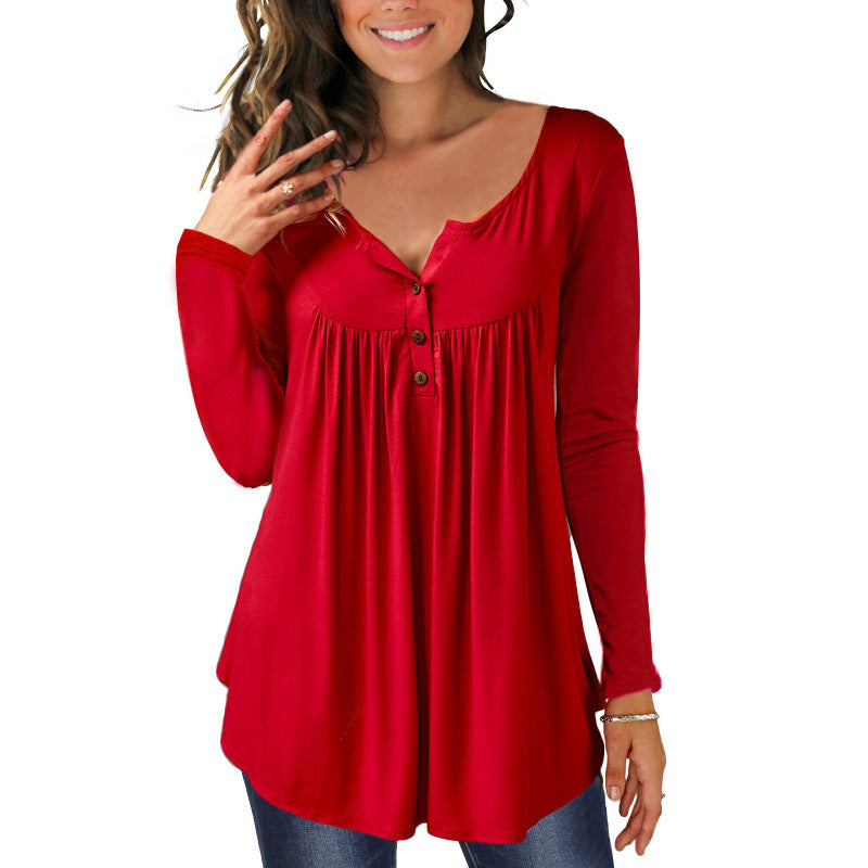AliExpress Amazon Wish2021 New European And American V-neck Button Pleated Long-sleeved T-shirt Sleeves Loose Top Women