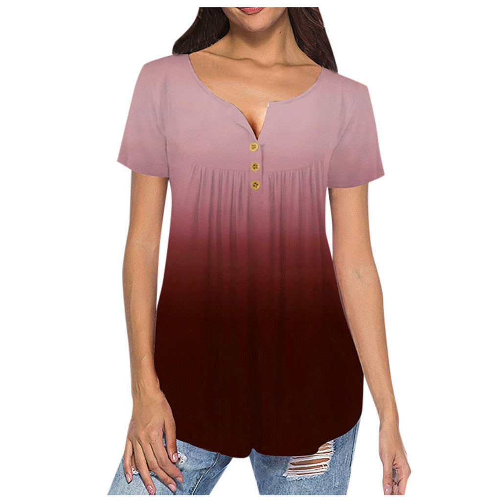 Ladies V-Neck Short Sleeve Buttoned Pleated Top Women's Plus Size Gradient V-Neck Short Sleeve T-Shirt Buttoned Pullover Tank Top