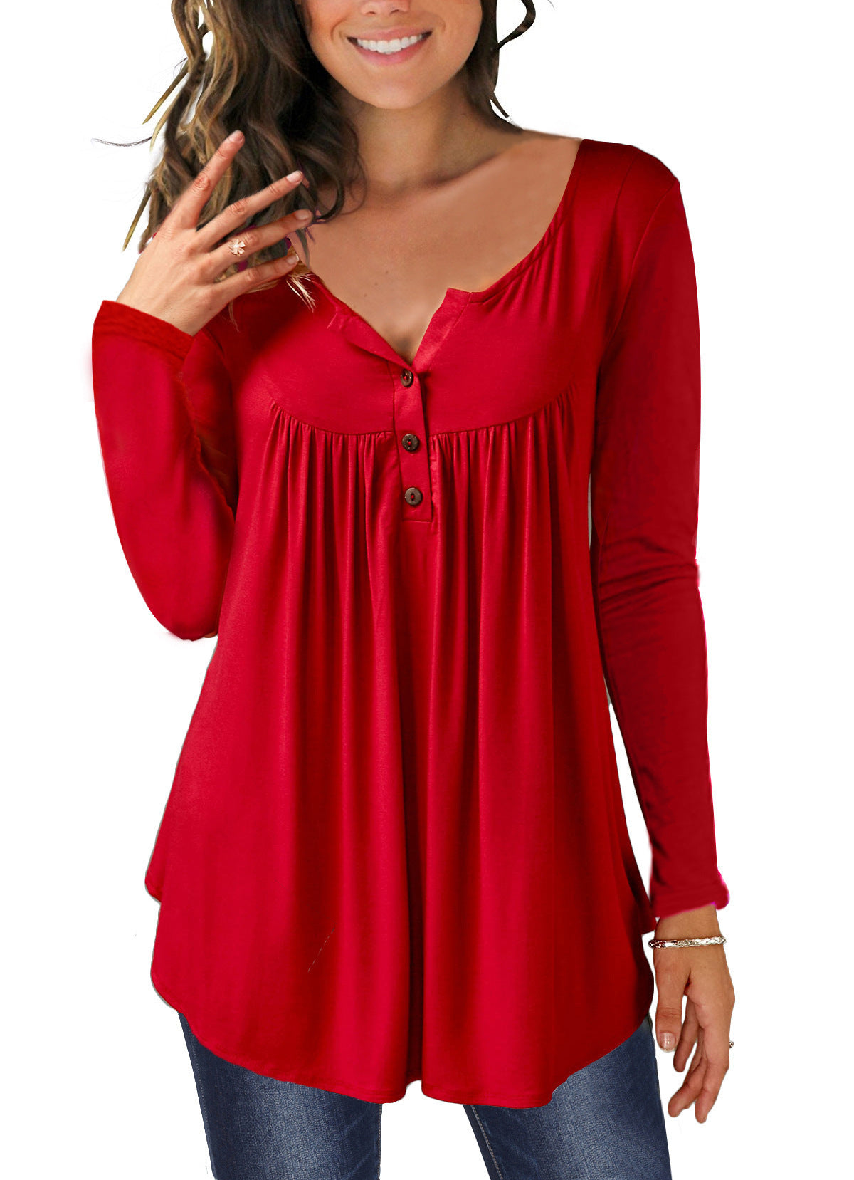 AliExpress Amazon Wish2021 New European And American V-neck Button Pleated Long-sleeved T-shirt Sleeves Loose Top Women