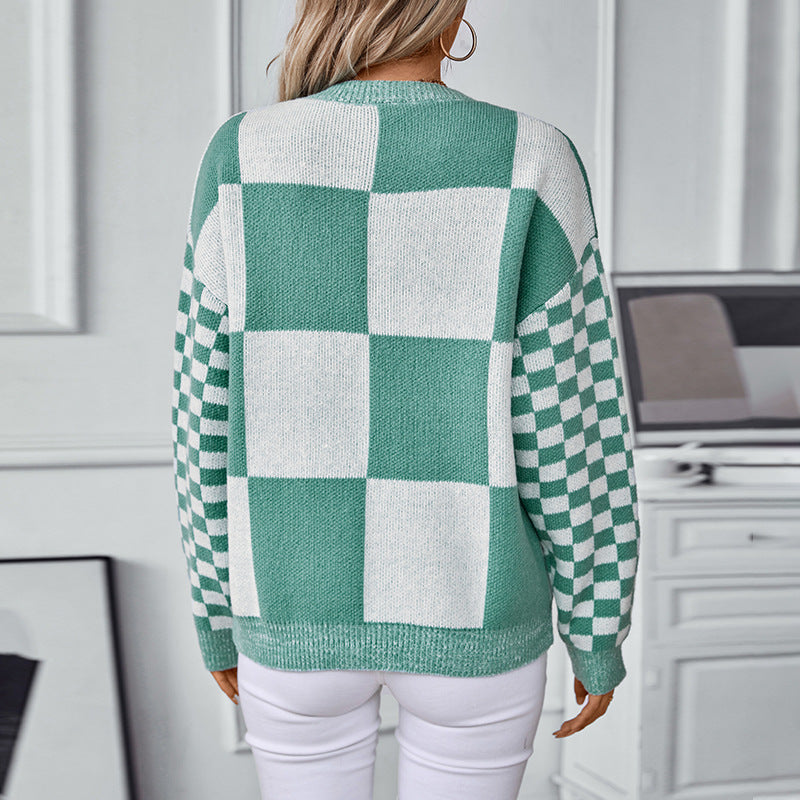 Drizzle European And American Cross-border Color Plaid Pullover Women's Knitted Sweater Autumn And Winter Fashion All-match Women's Top