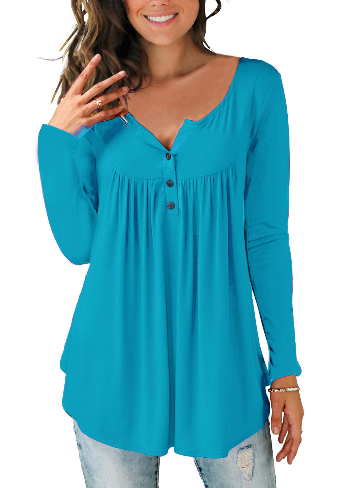 AliExpress Amazon Wish2021 New European And American V-neck Button Pleated Long-sleeved T-shirt Sleeves Loose Top Women