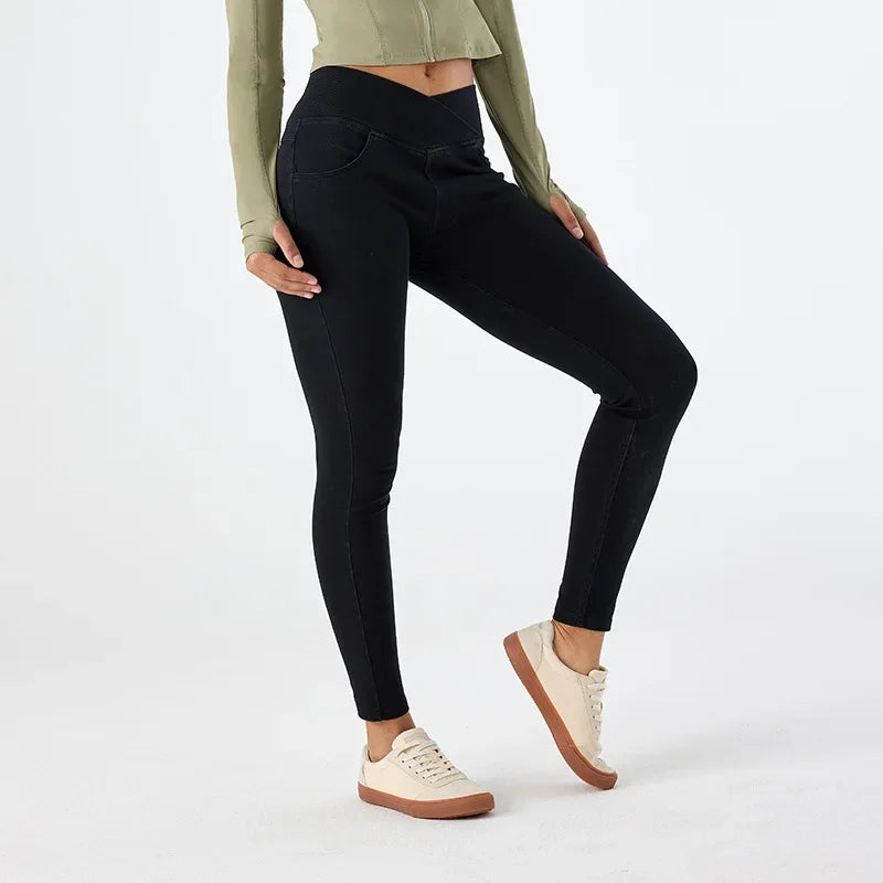 Cross Waist Yoga Jeans Women&#039;s Slim Tight Hip Pocket Sports Fitness Straight Casual Pants