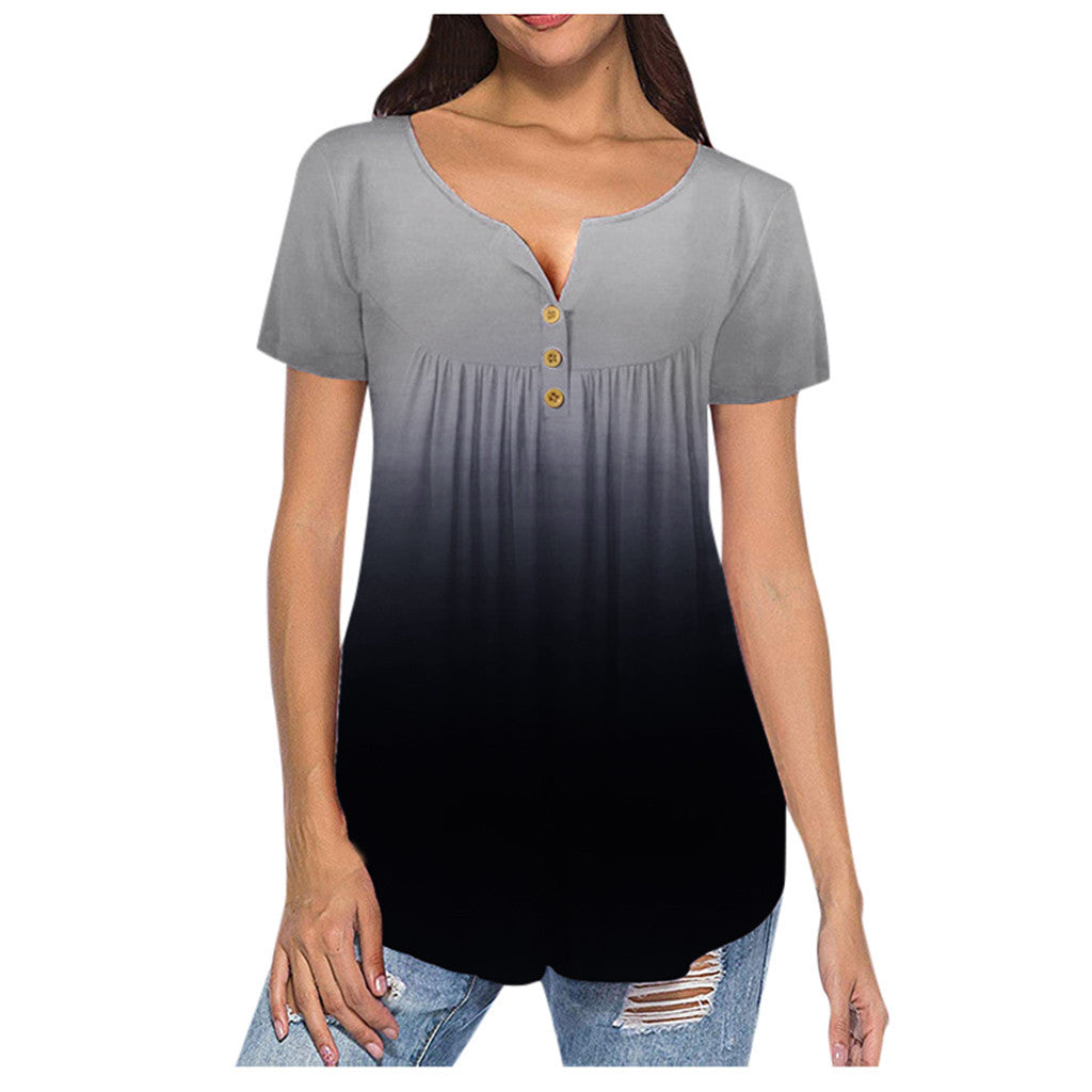 Ladies V-Neck Short Sleeve Buttoned Pleated Top Women&amp;#039;s Plus Size Gradient V-Neck Short Sleeve T-Shirt Buttoned Pullover Tank Top
