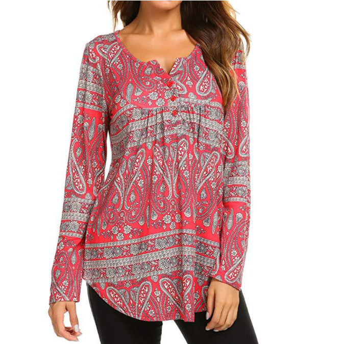 Printing Loose V-neck Front Long Back Long T-shirt
