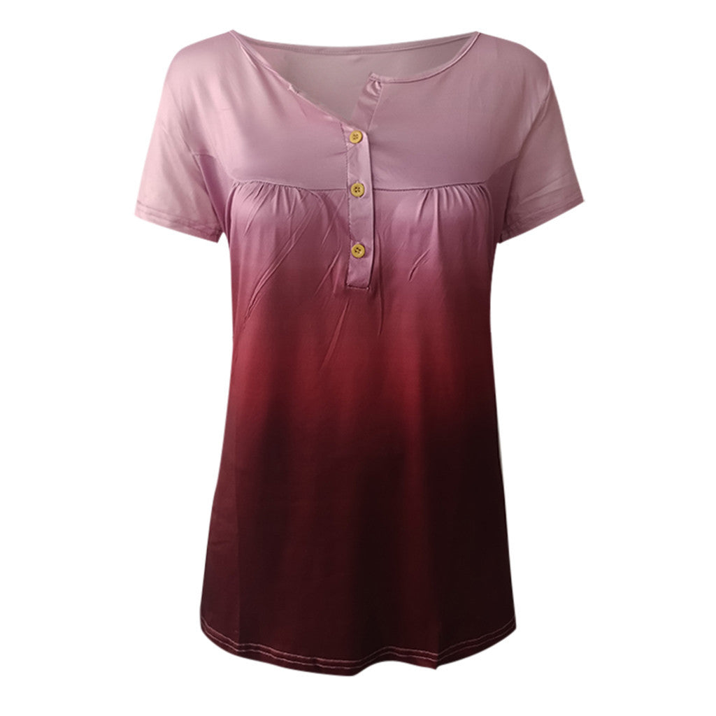 Ladies V-Neck Short Sleeve Buttoned Pleated Top Women&amp;#039;s Plus Size Gradient V-Neck Short Sleeve T-Shirt Buttoned Pullover Tank Top