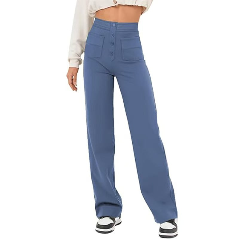 Amazon European And American Fashion New Women&#039;s Casual Straight-leg Pants High-waist Buttons Elastic With Multiple Pockets