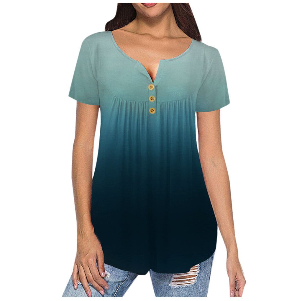 Ladies V-Neck Short Sleeve Buttoned Pleated Top Women&amp;#039;s Plus Size Gradient V-Neck Short Sleeve T-Shirt Buttoned Pullover Tank Top