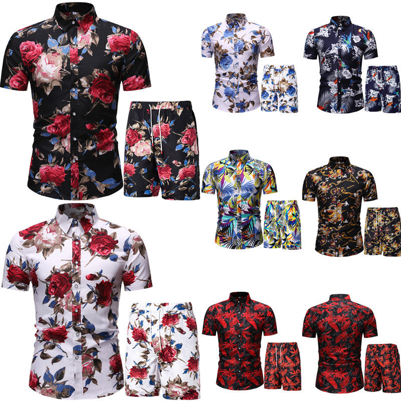 2022 Amazon Summer Men&#039;s Short-sleeved Shirt Set Chinese Style Printed Shirt Two-piece Set Foreign Trade Hair