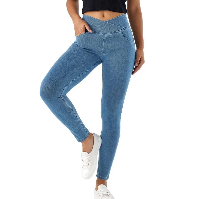 Cross Waist Yoga Jeans Women&#039;s Slim Tight Hip Pocket Sports Fitness Straight Casual Pants