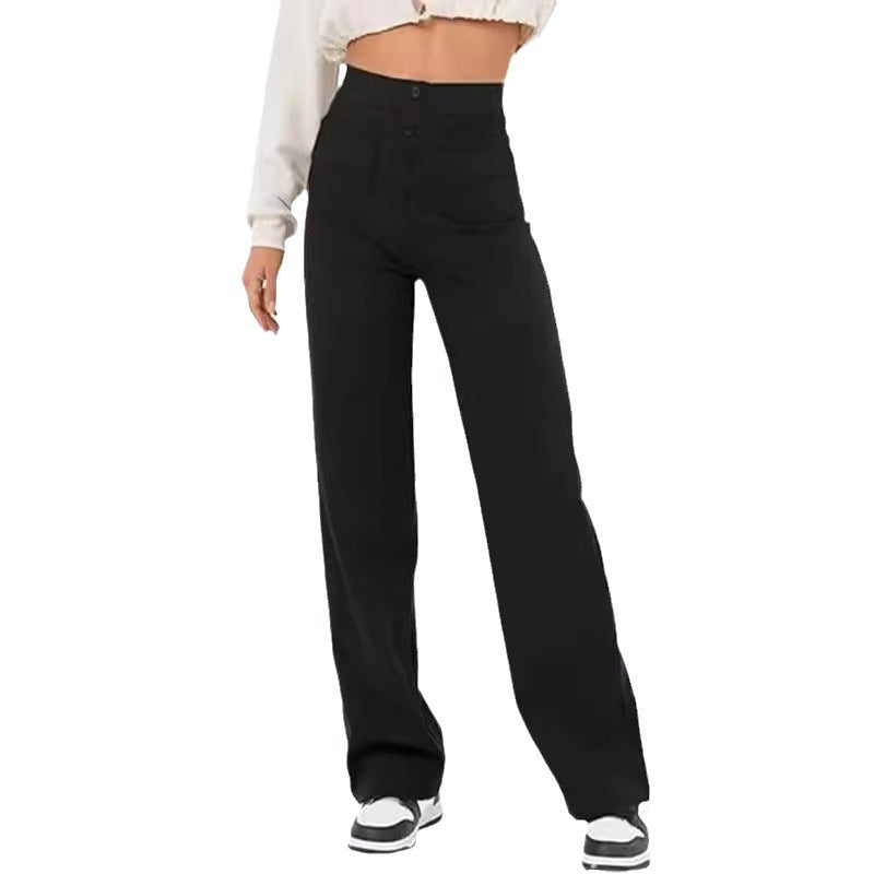 Amazon European And American Fashion New Women&#039;s Casual Straight-leg Pants High-waist Buttons Elastic With Multiple Pockets