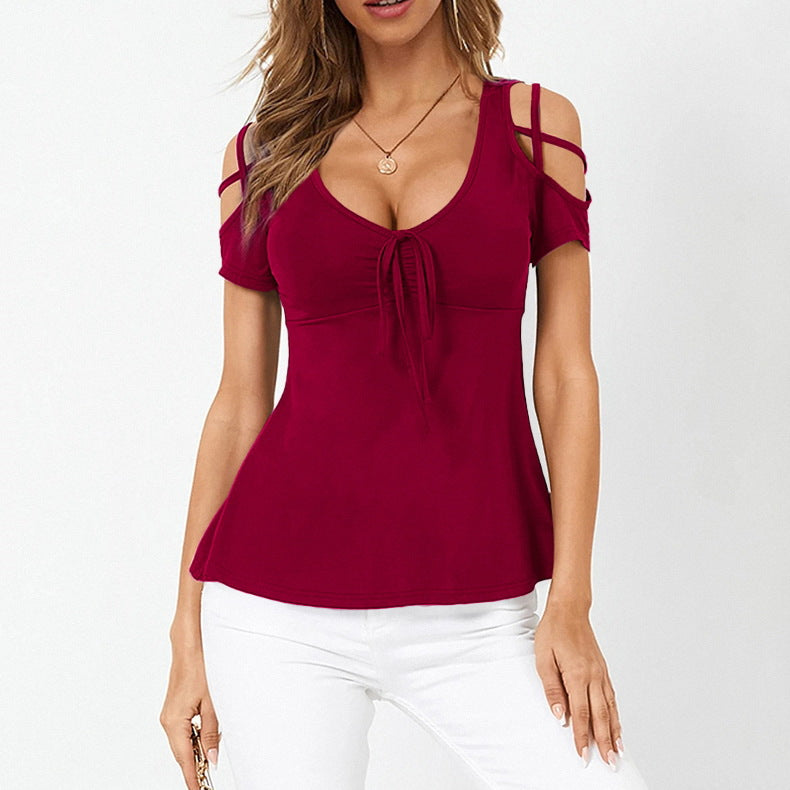 Women&amp;#039;s Tops V-neck Cross Strap Short-sleeved