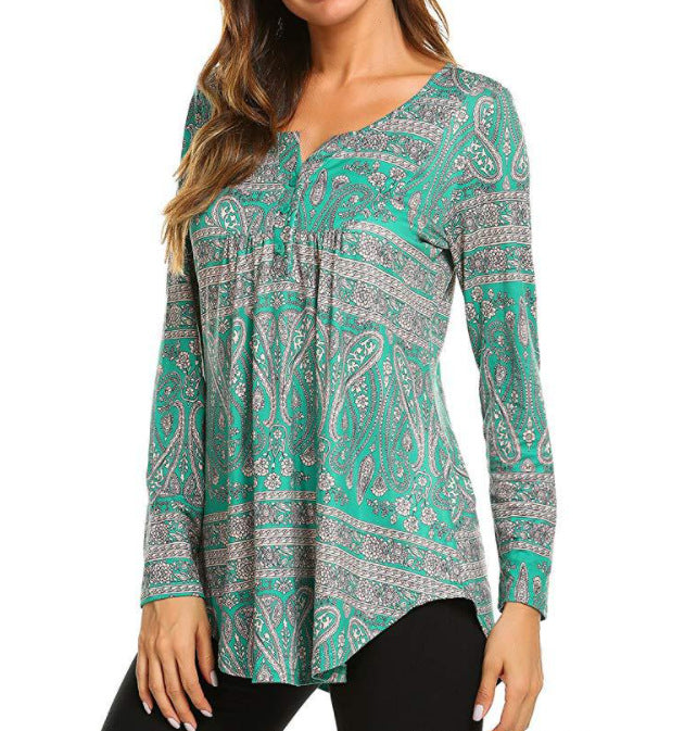 Printing Loose V-neck Front Long Back Long T-shirt