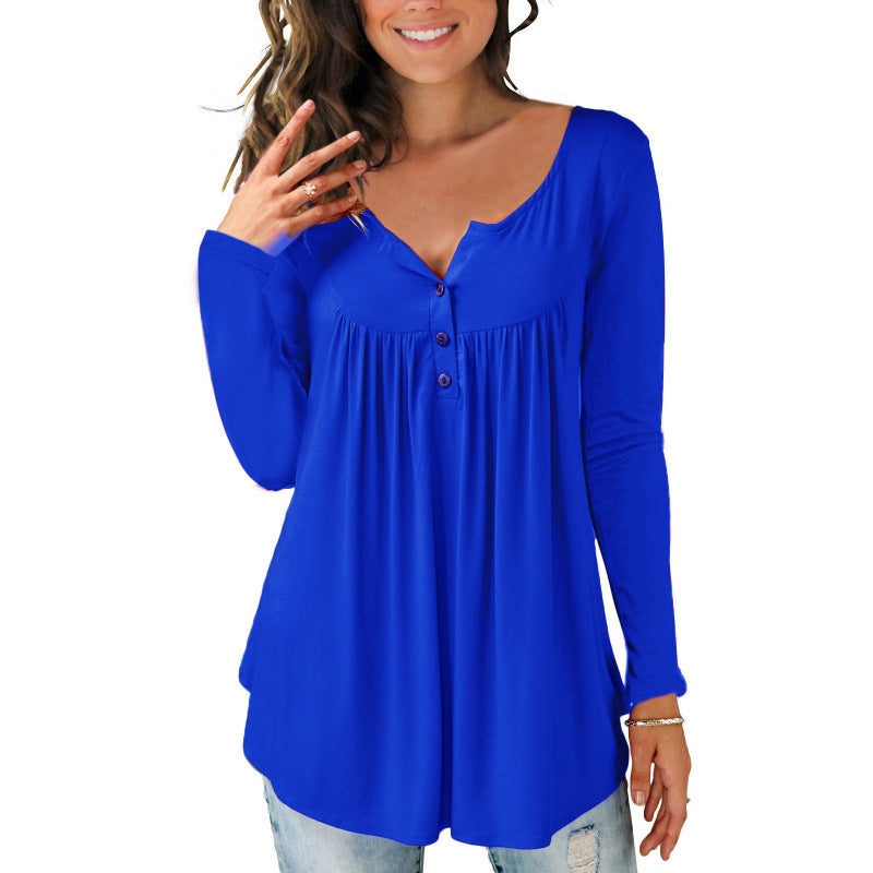 AliExpress Amazon Wish2021 New European And American V-neck Button Pleated Long-sleeved T-shirt Sleeves Loose Top Women