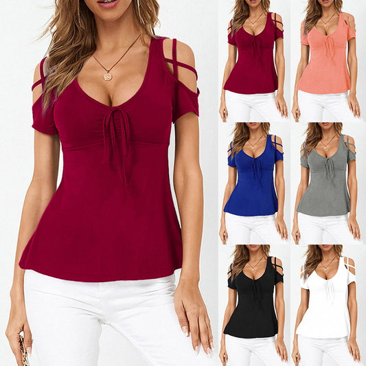 Women&amp;#039;s Tops V-neck Cross Strap Short-sleeved