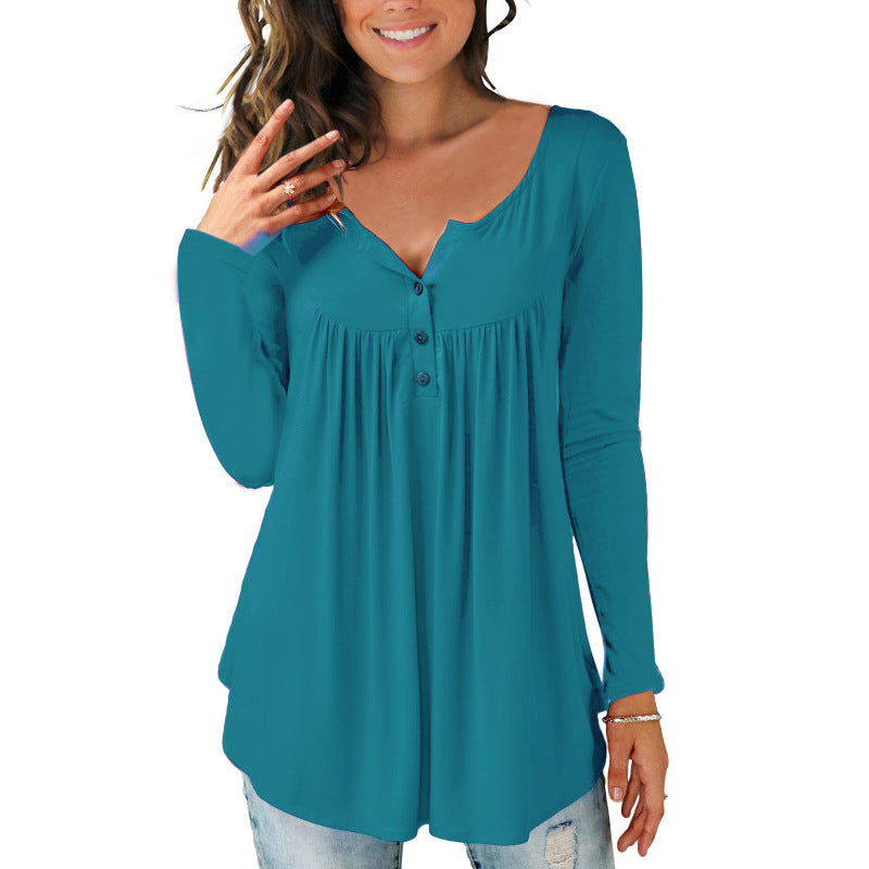 AliExpress Amazon Wish2021 New European And American V-neck Button Pleated Long-sleeved T-shirt Sleeves Loose Top Women