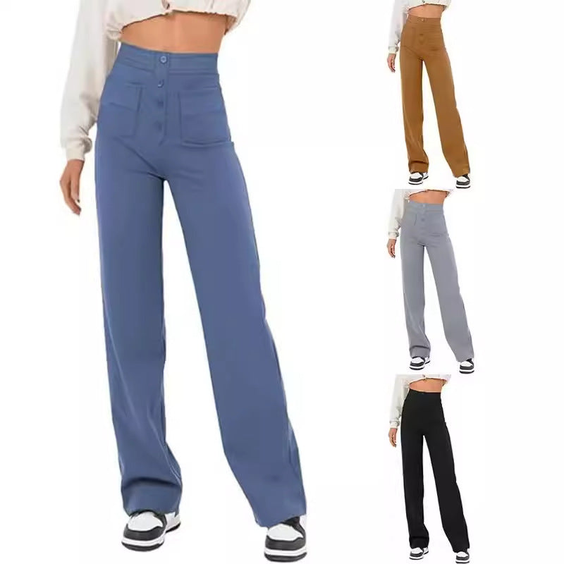 Amazon European And American Fashion New Women&#039;s Casual Straight-leg Pants High-waist Buttons Elastic With Multiple Pockets