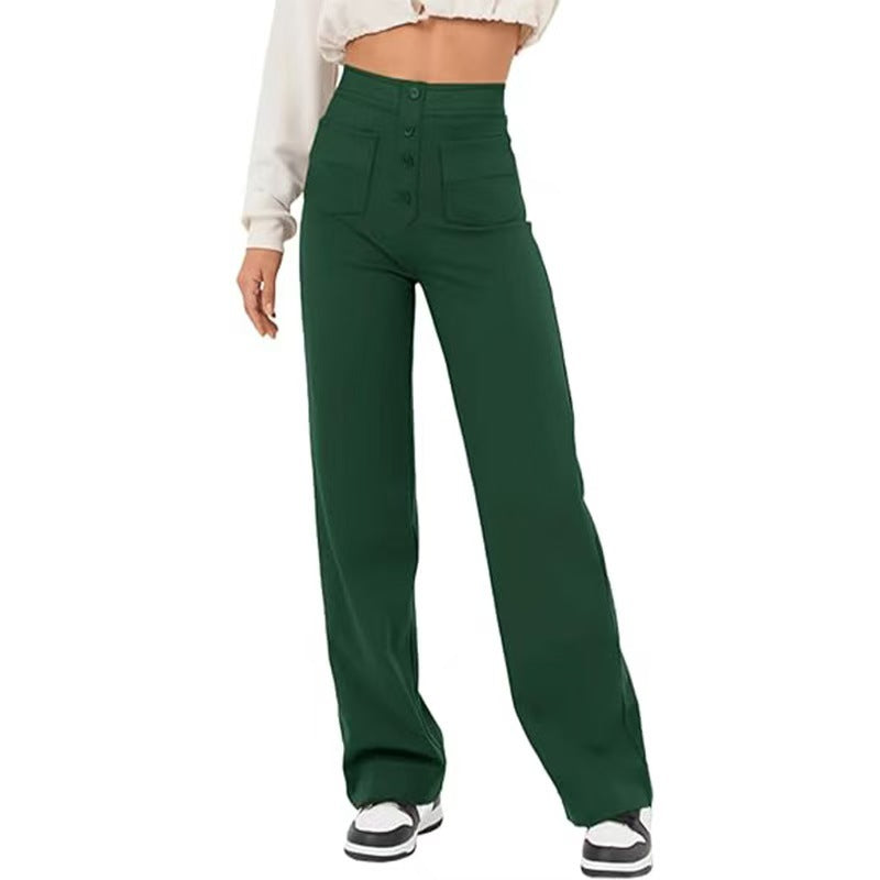 Amazon European And American Fashion New Women&#039;s Casual Straight-leg Pants High-waist Buttons Elastic With Multiple Pockets