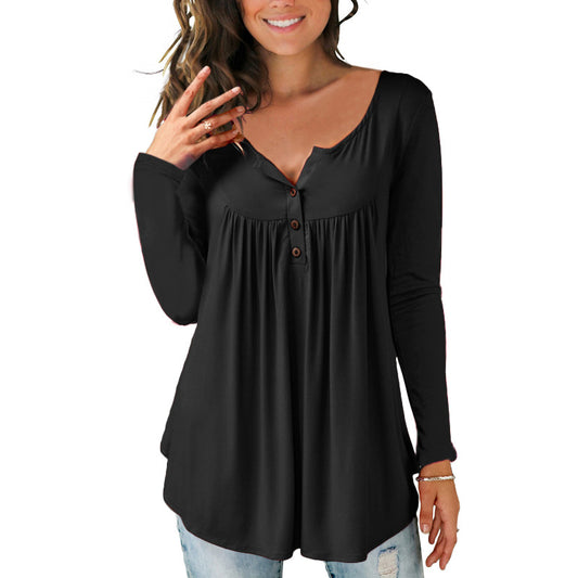 AliExpress Amazon Wish2021 New European And American V-neck Button Pleated Long-sleeved T-shirt Sleeves Loose Top Women