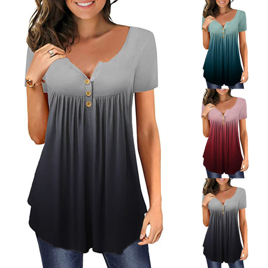Ladies V-Neck Short Sleeve Buttoned Pleated Top Women&amp;#039;s Plus Size Gradient V-Neck Short Sleeve T-Shirt Buttoned Pullover Tank Top