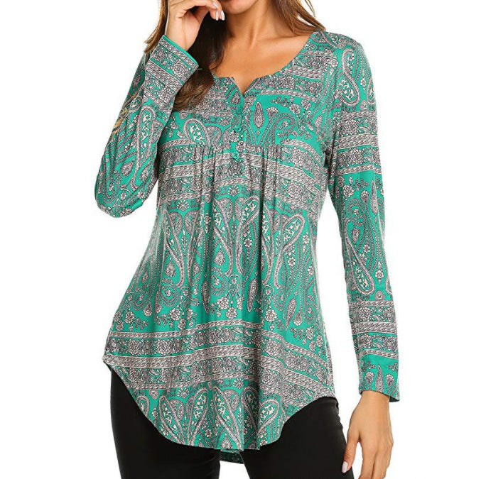 Printing Loose V-neck Front Long Back Long T-shirt