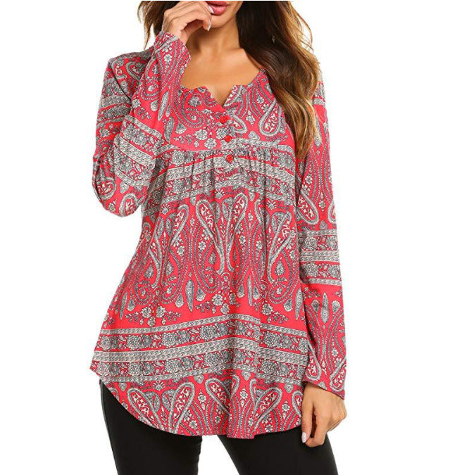 Printing Loose V-neck Front Long Back Long T-shirt