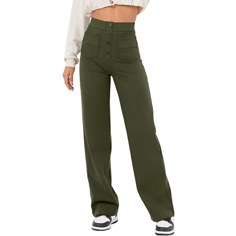 Amazon European And American Fashion New Women&#039;s Casual Straight-leg Pants High-waist Buttons Elastic With Multiple Pockets