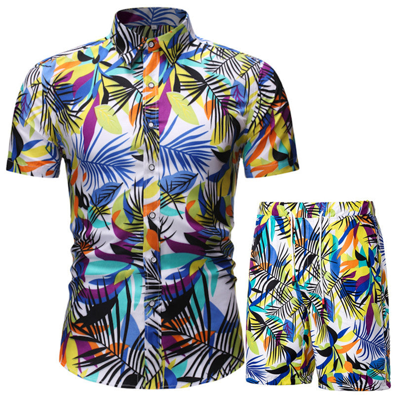 2022 Amazon Summer Men&#039;s Short-sleeved Shirt Set Chinese Style Printed Shirt Two-piece Set Foreign Trade Hair