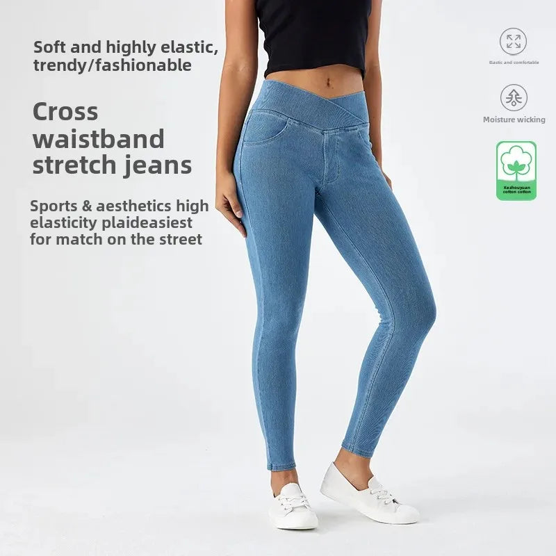 Cross Waist Yoga Jeans Women&#039;s Slim Tight Hip Pocket Sports Fitness Straight Casual Pants